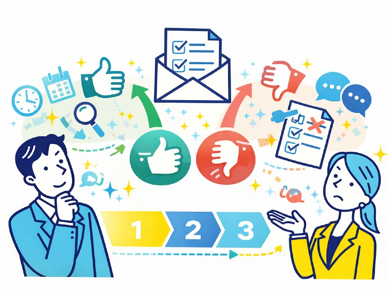 就活のOBOG訪問で質問リストをメールで送るべきか判断するイラスト(送る場合と送らない場合の比較)