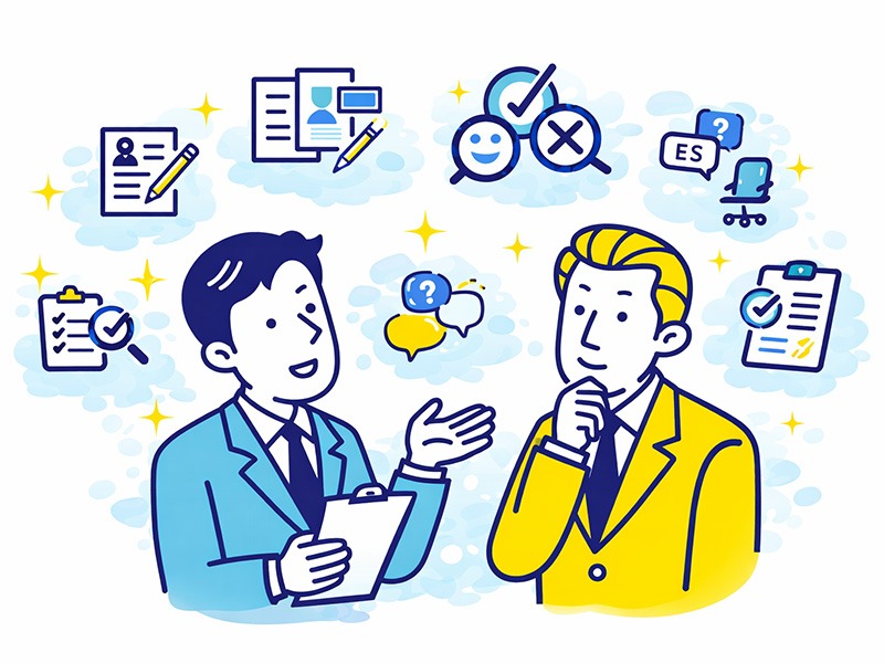 就活のOBOG訪問で選考に関する質問を通して、企業の評価基準や選考フローを理解する様子を表したイラスト。聞くべき質問リストの考え方を示している。