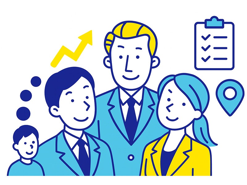 仕事を辞めてから転職する人の割合や傾向をイメージ化したイラスト。年代別の違いや退職後転職の特徴を示す構成。