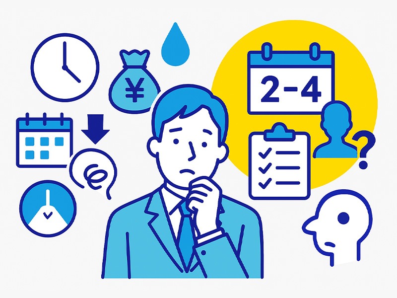 退職してから転職活動を始めた場合の期間目安やブランクの影響をイメージ化したイラスト。複数のアイコンを組み合わせ、2〜4か月の転職期間や計画的な活動の重要性を視覚的に表現した構成。