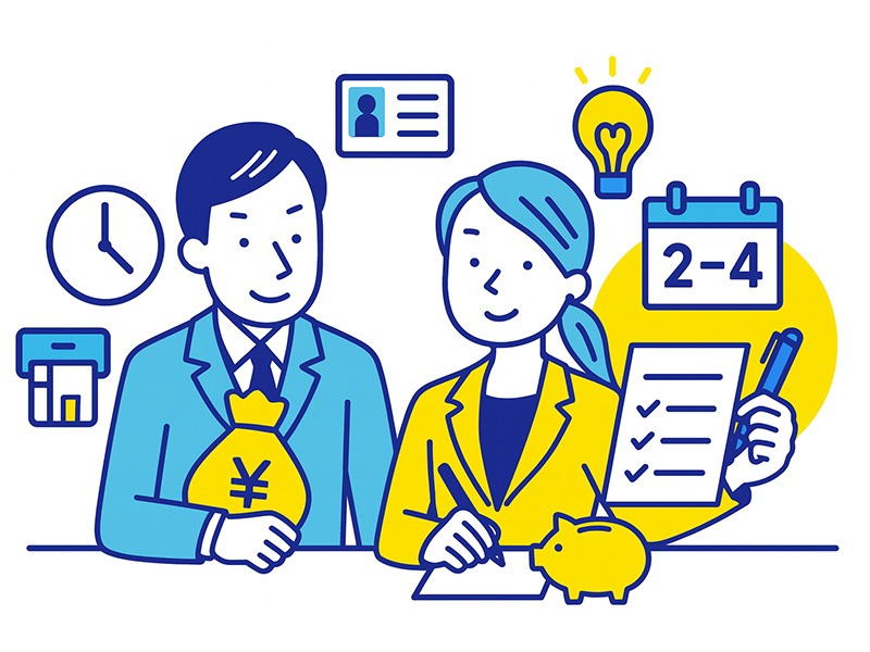 退職後転職を成功させる準備と進め方を表すイラスト。貯金管理、書類準備、キャリア棚卸し、計画的な行動を進める男女が描かれている。