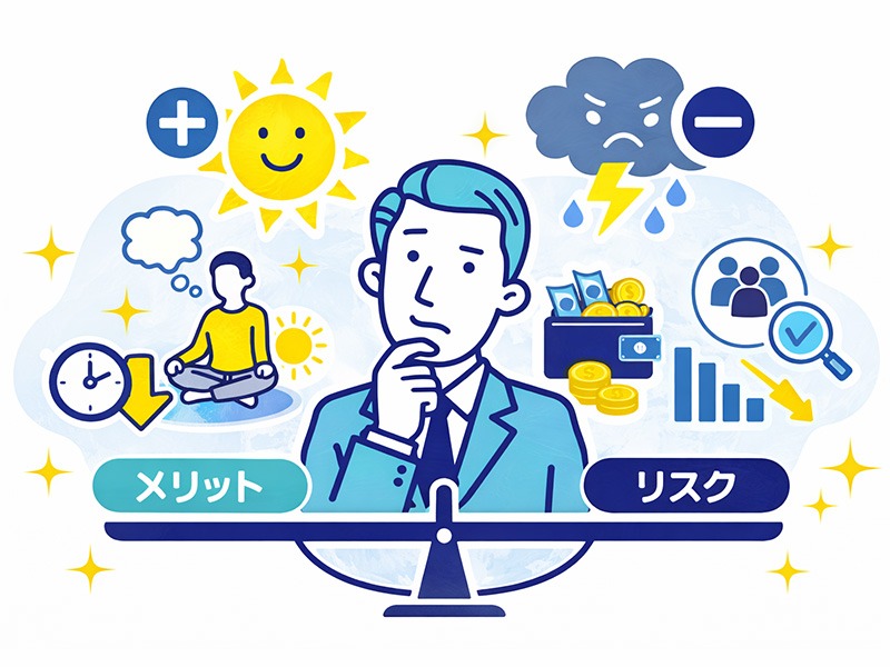 先に辞めるメリットとリスクを整理するイラスト。退職してから転職活動を行う場合の精神的余裕と収入不安を比較したイメージ