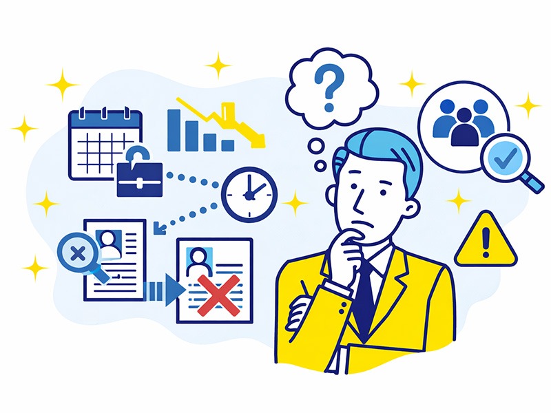 退職してから転職活動は不利かを考える男性と、空白期間や選考スピードの違いを示すアイコンのイラスト