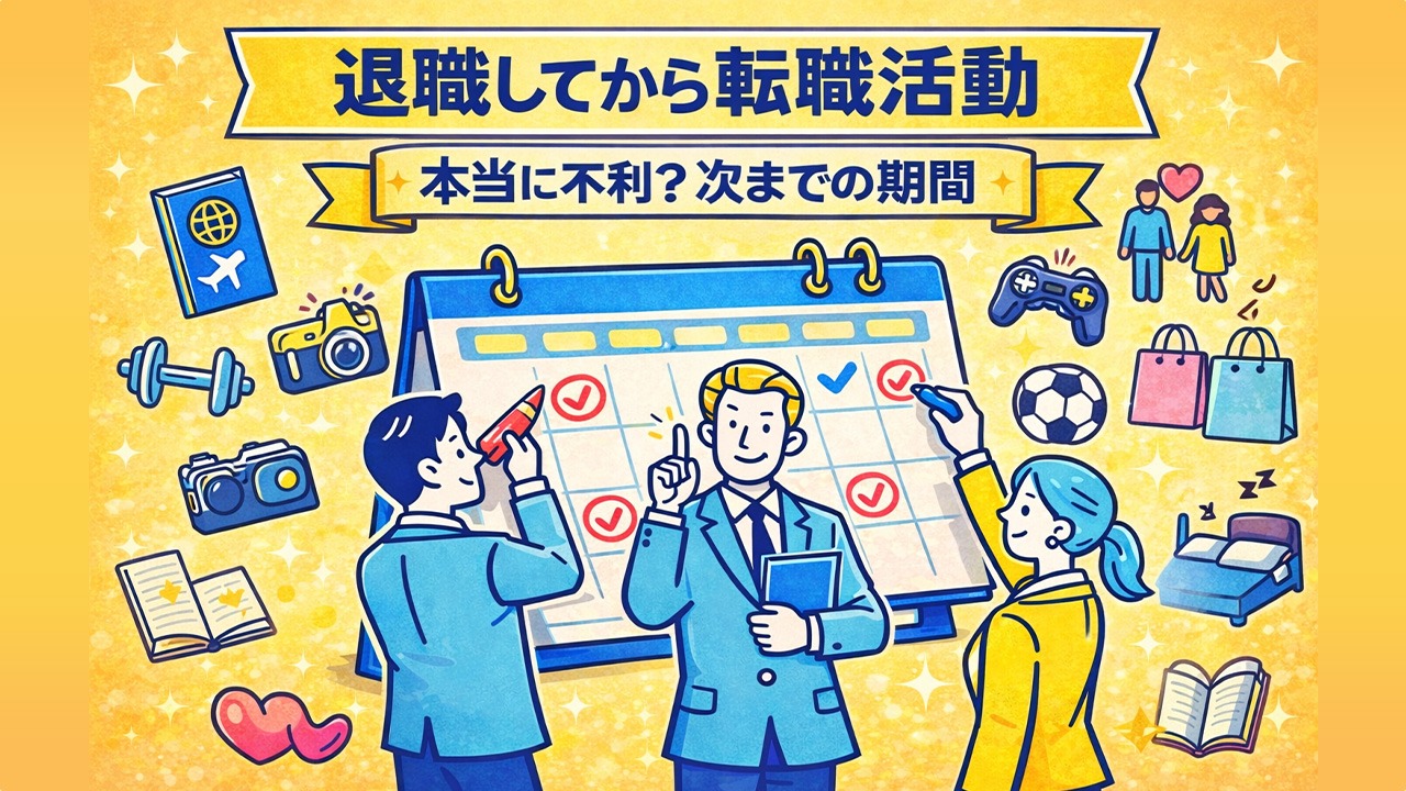 退職してから転職活動は不利かをテーマに、次までの期間とカレンダー管理をイメージしたイラスト