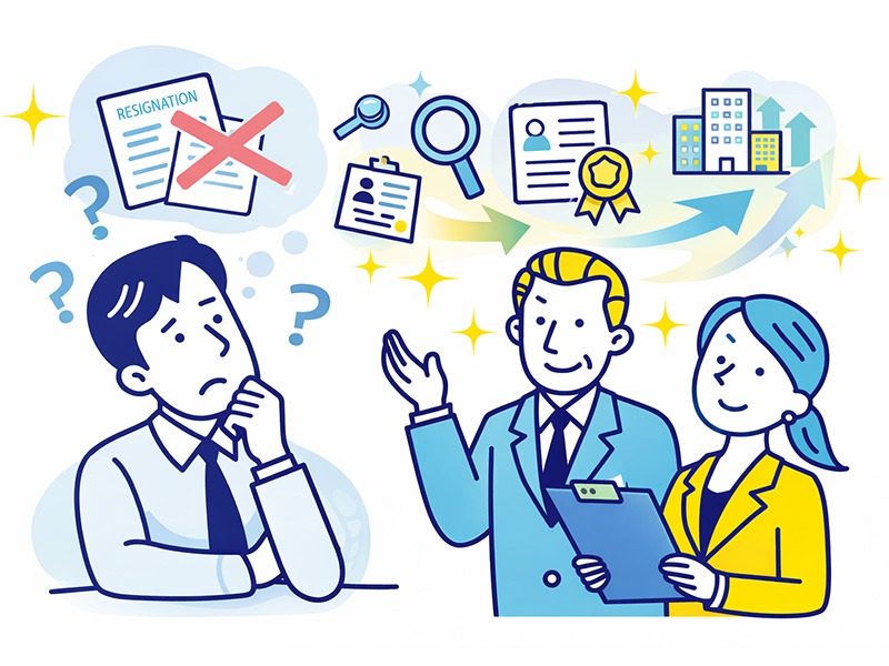 退職代行サービスを利用すると転職で不利になるのかを解説するイメージイラスト。退職方法よりも経験や今後の働き方が重視されることを表している