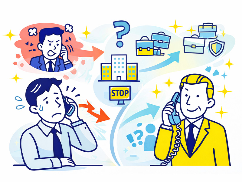 退職代行サービス利用後に会社から連絡が来るのかを解説するイメージイラスト。業者を窓口にした連絡対応と例外ケースを整理している