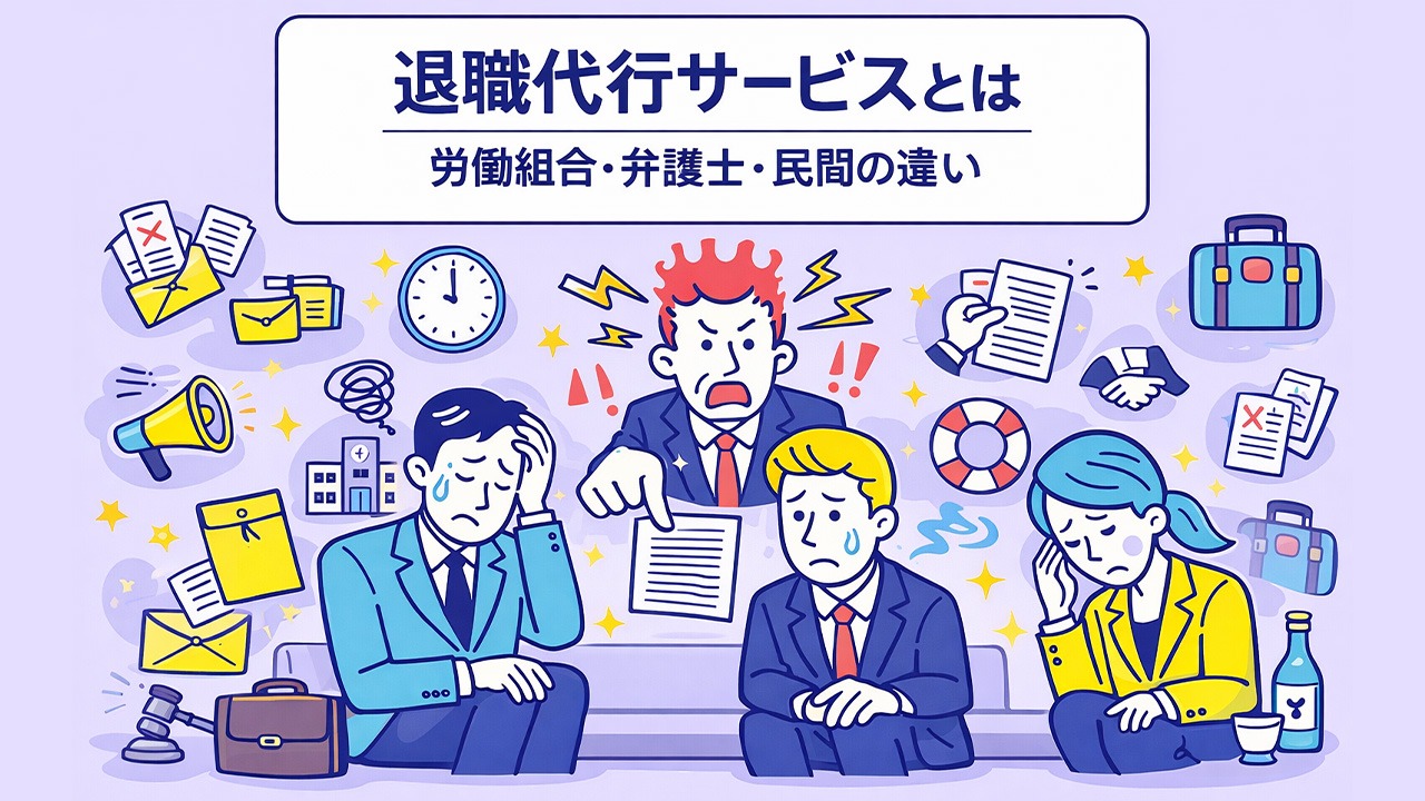 退職代行サービスとは何かを、民間型・労働組合型・弁護士型の違いとあわせて解説するイメージイラスト。費用や対応範囲の比較を視覚的に整理している