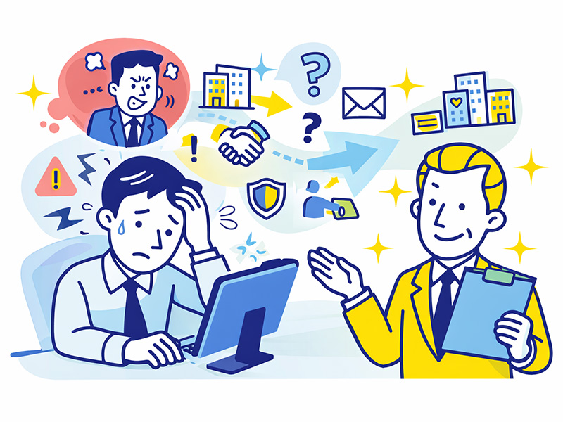 退職代行サービスを使う場面を表したイメージイラスト。会社とのやり取りに心理的負担を感じる状況で第三者が退職手続きを支援している様子