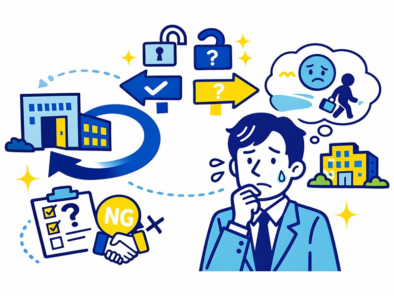 転職後に前の会社へ戻るか判断する様子をイメージしたイラスト。転職の後悔と出戻り判断基準を考える人物と矢印や会社アイコンを描いた図（転職 出戻り 判断基準）