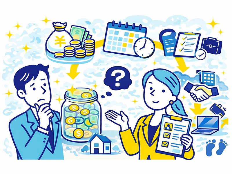 30代が退職前に知っておきたい貯金目安と行動計画を表したイラスト。生活費と活動期間を基準に、退職後の生活余力を整理している