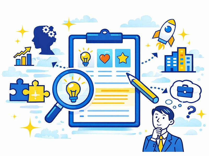 就活の自己分析シートの作り方をイメージしたイラスト。経験や価値観を整理して強みを言語化する自己分析