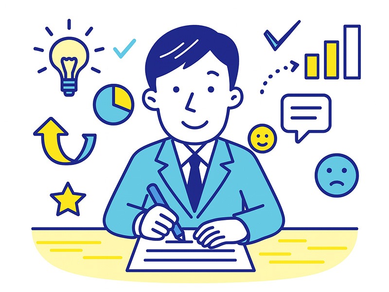 自己分析シートで経験を棚卸しする大学生の様子を表したイラスト｜自己分析シート