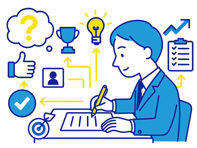 就活の自己分析のやり方を段階的に整理する流れを表したイラスト｜自己分析のやり方