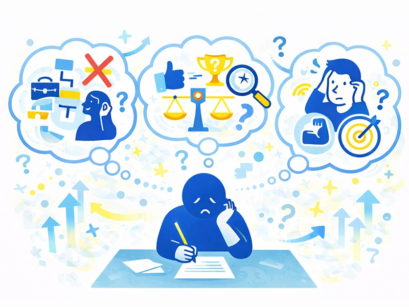 自己PRで悩む人が陥りやすい誤解や評価基準のズレを整理し、つまずきの原因を可視化したイラスト