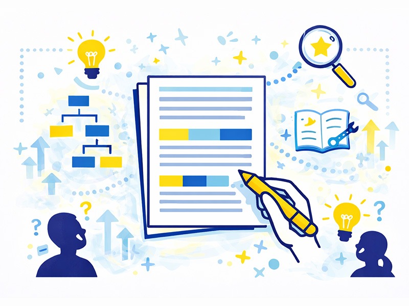 中途転職の自己PRの書き方と構成を、読みやすさと文章量のバランスの視点で表したイラスト