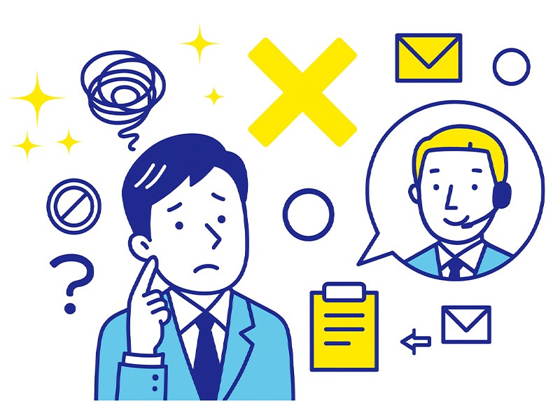 就活エージェントがやめとけと言われる理由を表現したイラスト。学生の迷いや目的の不一致を示す人物とアイコンを配置した構図。