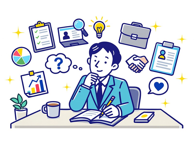 就活の自己分析を理解するために、大学生が経験や価値観を整理する様子を描いたイラスト。多数のアイコンを使い、就活における自己分析の重要性を視覚的に表現した構図。