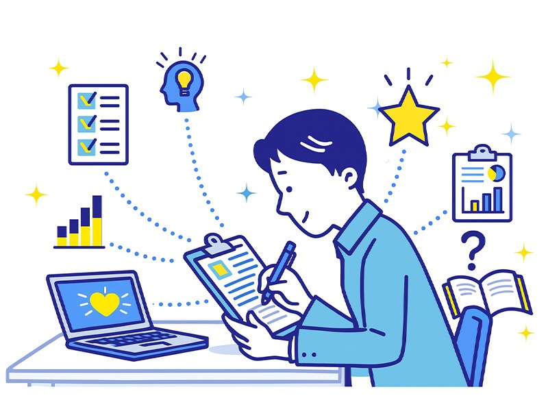 診断テストで強みを可視化する大学生の自己分析シーンを描いたイラスト｜強み可視化