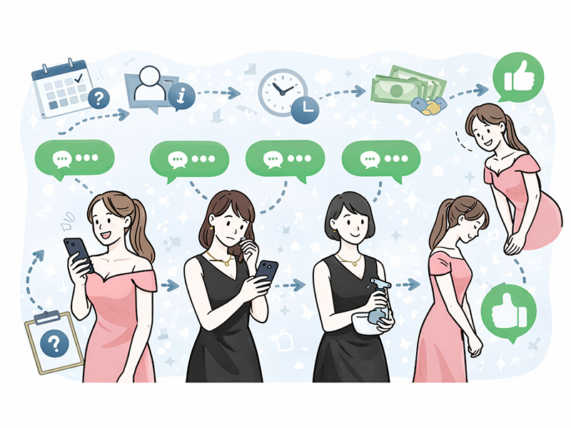 体入ドットコムでドタキャンを防ぐために質問段階から体入後までの対応フェーズを整理したイラスト