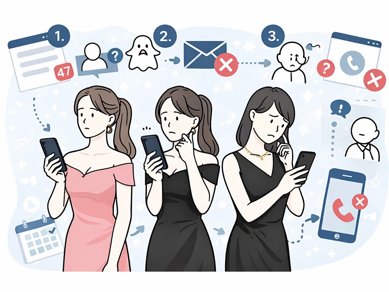 応募後に心理変化が積み重なりドタキャンに至る流れを表現したイラスト