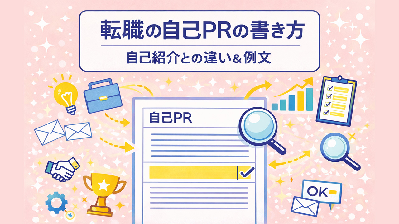転職の自己PRの書き方を、自己紹介との違いや例文の考え方とあわせて解説するイラスト