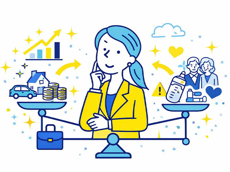 女性がキャリアプランを立てる際に理想と現実のバランスを考えるイメージイラスト