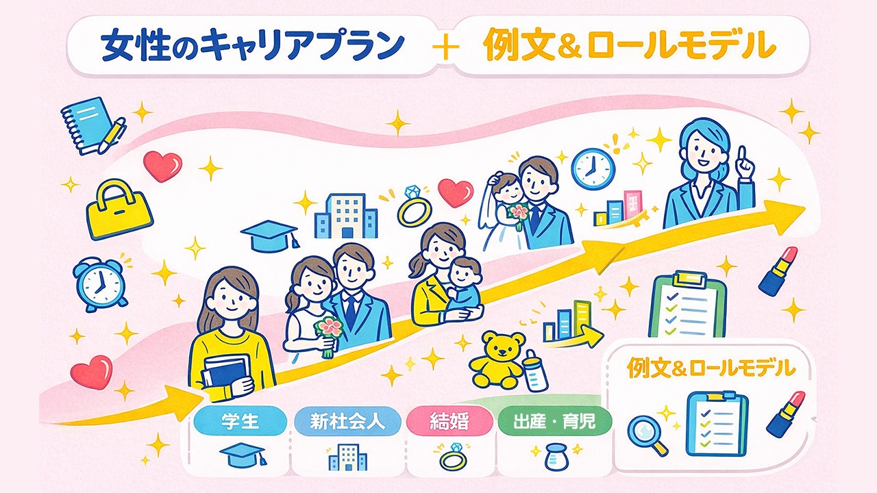 女性のキャリアプランを年表で示し、例文とロールモデルを視覚的に整理したイラスト
