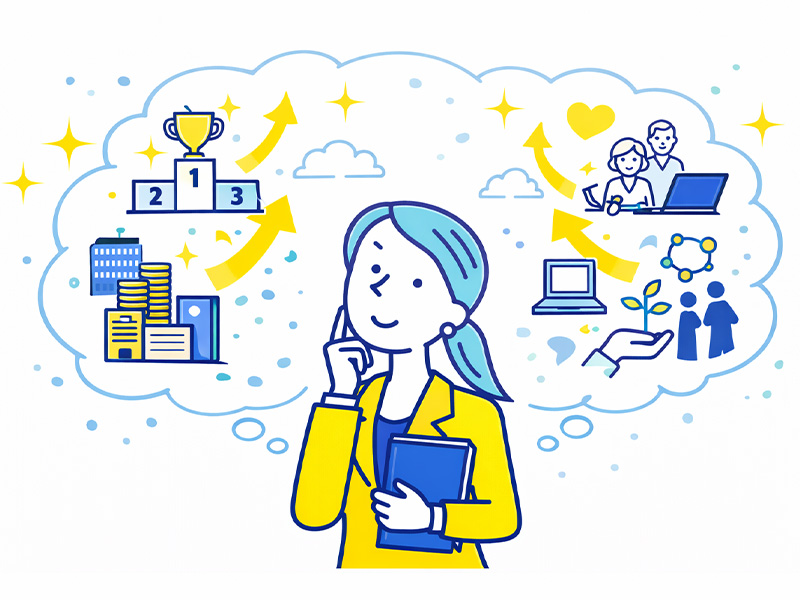 女性がキャリアプランを立てる手順を整理し方向性を考えるイメージイラスト