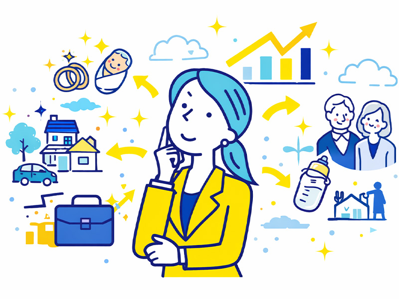 女性のキャリアプランを年代やライフステージの変化を踏まえて考えるイメージイラスト