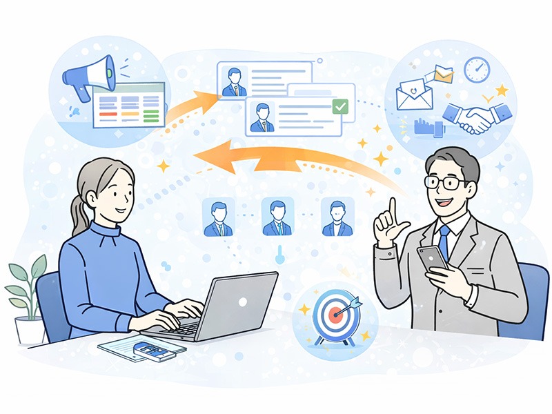 人材紹介会社が母集団形成や応募者対応を外注し、集客業務と運用負荷を効率化している様子を表したイメージイラスト