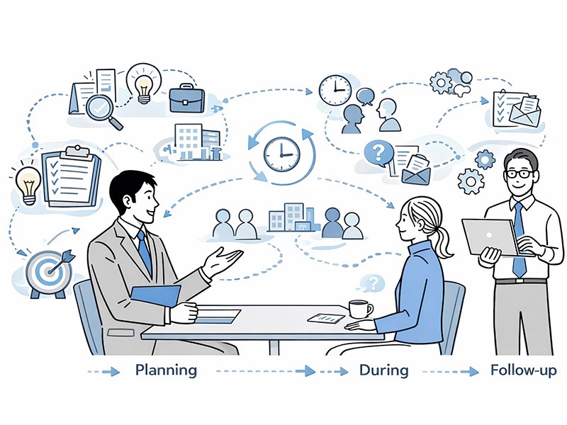 カジュアル面談の準備から当日の進め方、流れを表したイメージ。事前準備を行ったうえで、目的に沿って対話を進めている様子を表現している。