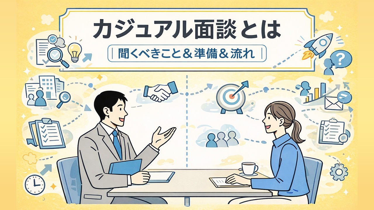 カジュアル面談とは何かを解説するアイキャッチ画像。企業担当者と応募者が和やかな雰囲気で対話し、聞くべきことや準備、面談の流れを整理できる内容を表している。