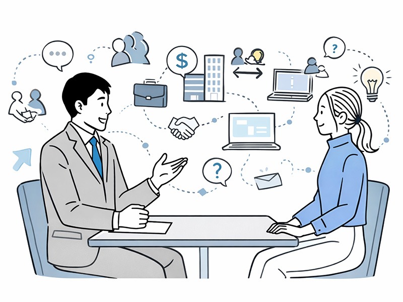 カジュアル面談とは何かを解説するイメージ。企業担当者と求職者が本選考前に相互理解を深める場として対話している様子を表している。