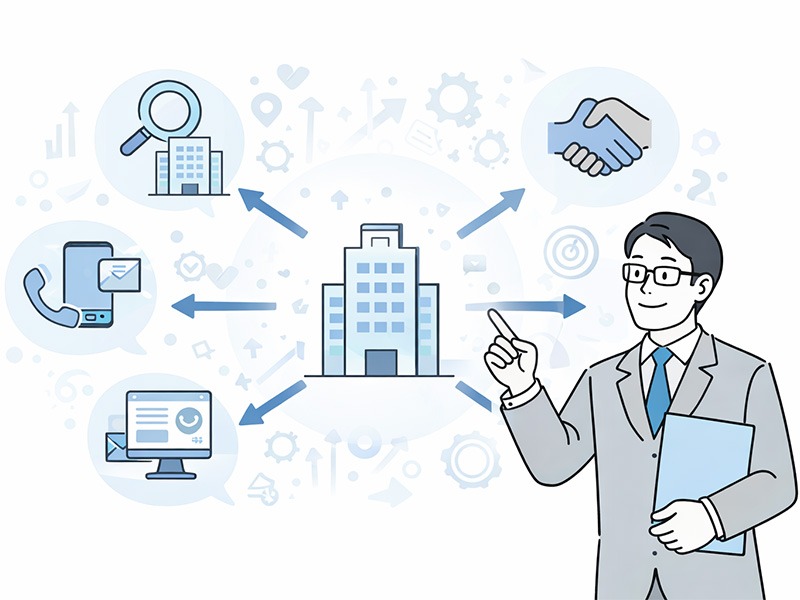 人材紹介会社の起業・設立において、求人企業を安定的に獲得するための営業手法や考え方の全体像を示したイメージ