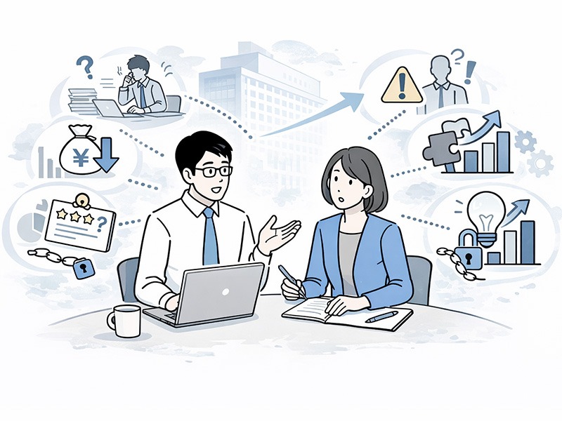 優秀な人材が次々と辞める会社の特徴を表したイメージ。組織設計やマネジメントの問題、評価や裁量不足などが原因となり、離職が起きやすい構造を示している。