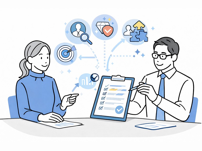 コンピテンシー面接のメリットを表したイラスト。行動特性と判断プロセスを事実ベースで評価し、採用ミスマッチ防止や評価の標準化につながる面接手法を示す