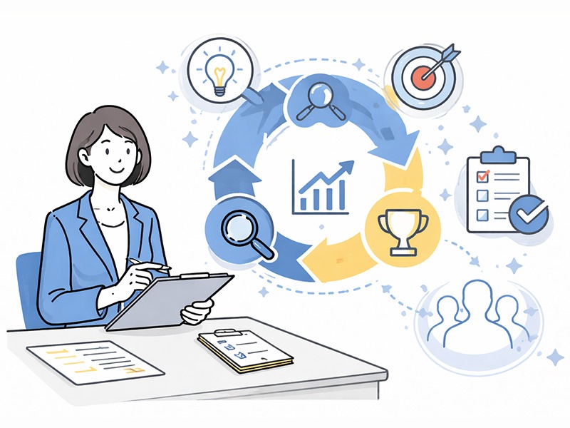 コンピテンシー面接とは何かを示すイラスト。候補者の過去行動と成果の因果関係から再現性を評価する行動基準型の面接手法を表現