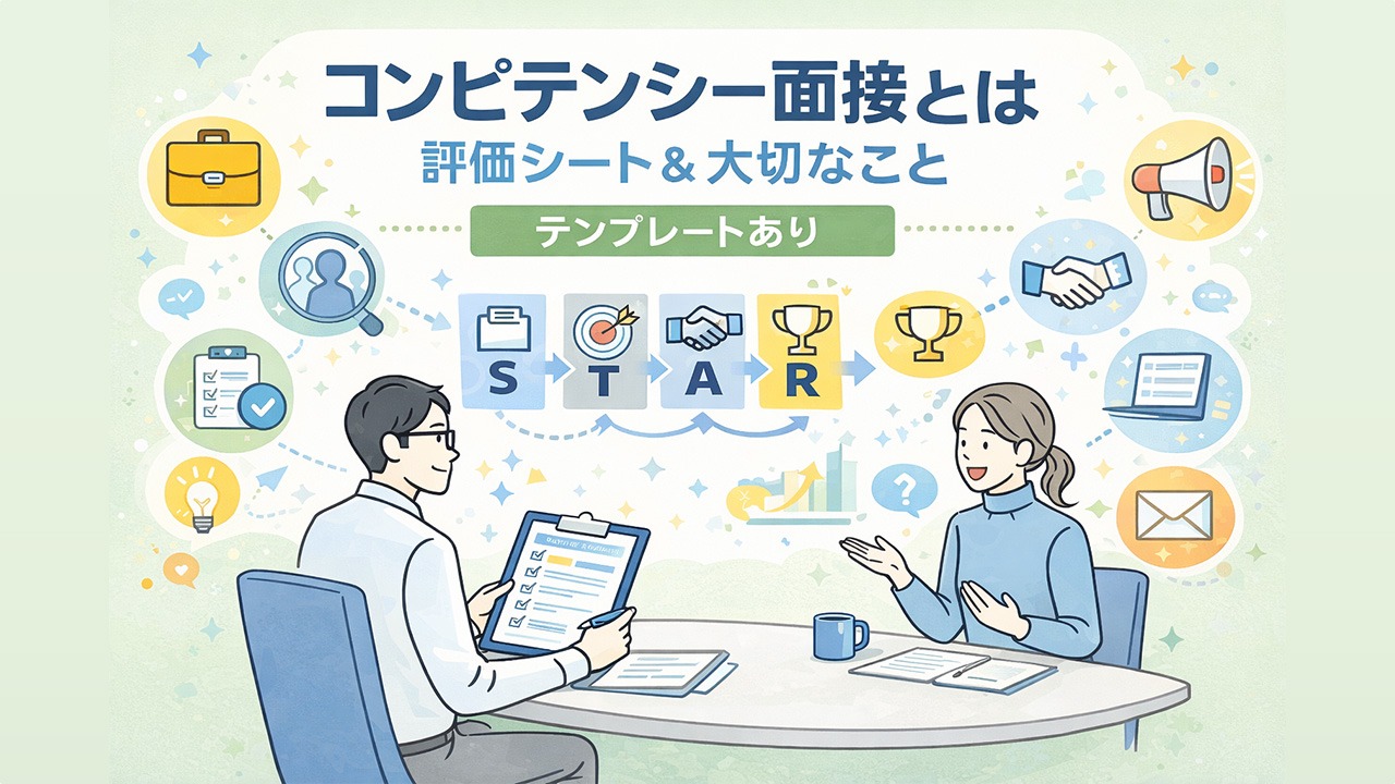 コンピテンシー面接とは何かを解説するアイキャッチ画像。STAR法に基づく面接風景と、評価シートや質問設計の重要ポイントを示すイメージ