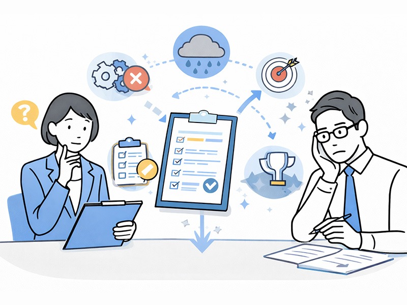 コンピテンシー面接の注意点と限界を示すイラスト。行動基準の設計や面接官スキルが不足すると運用が難しくなる点など、導入時の課題を表現