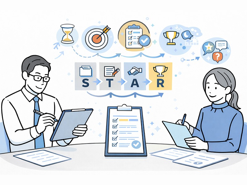 コンピテンシー面接の進め方と評価設計を示すイラスト。行動基準に基づき評価シートで再現性を判断する面接プロセスのイメージ