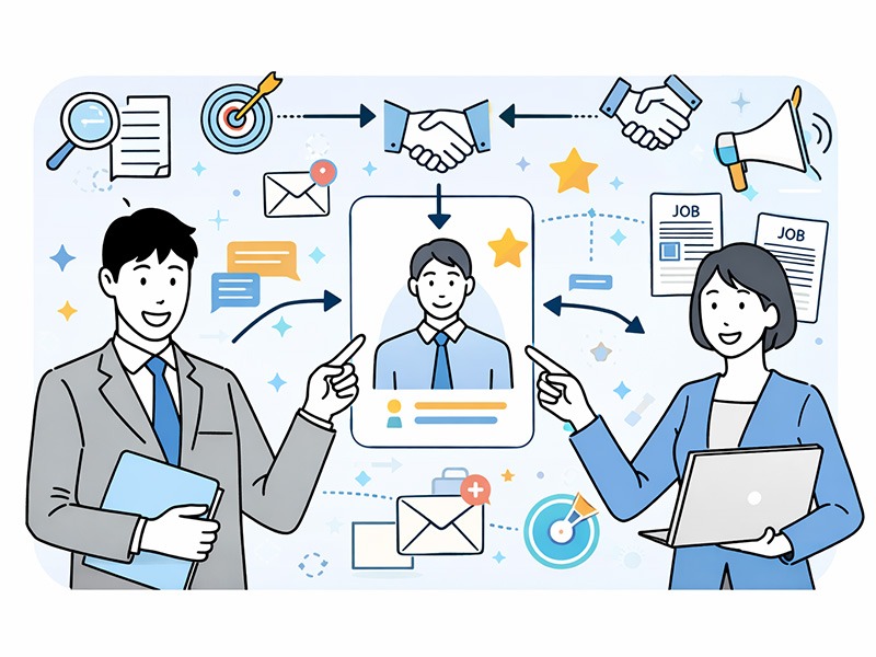 ダイレクトリクルーティングとは何かを示すイメージ。企業が主体となって候補者へ直接アプローチする採用手法を、スカウトや求人広告との違いが分かる構図で表現したイラスト