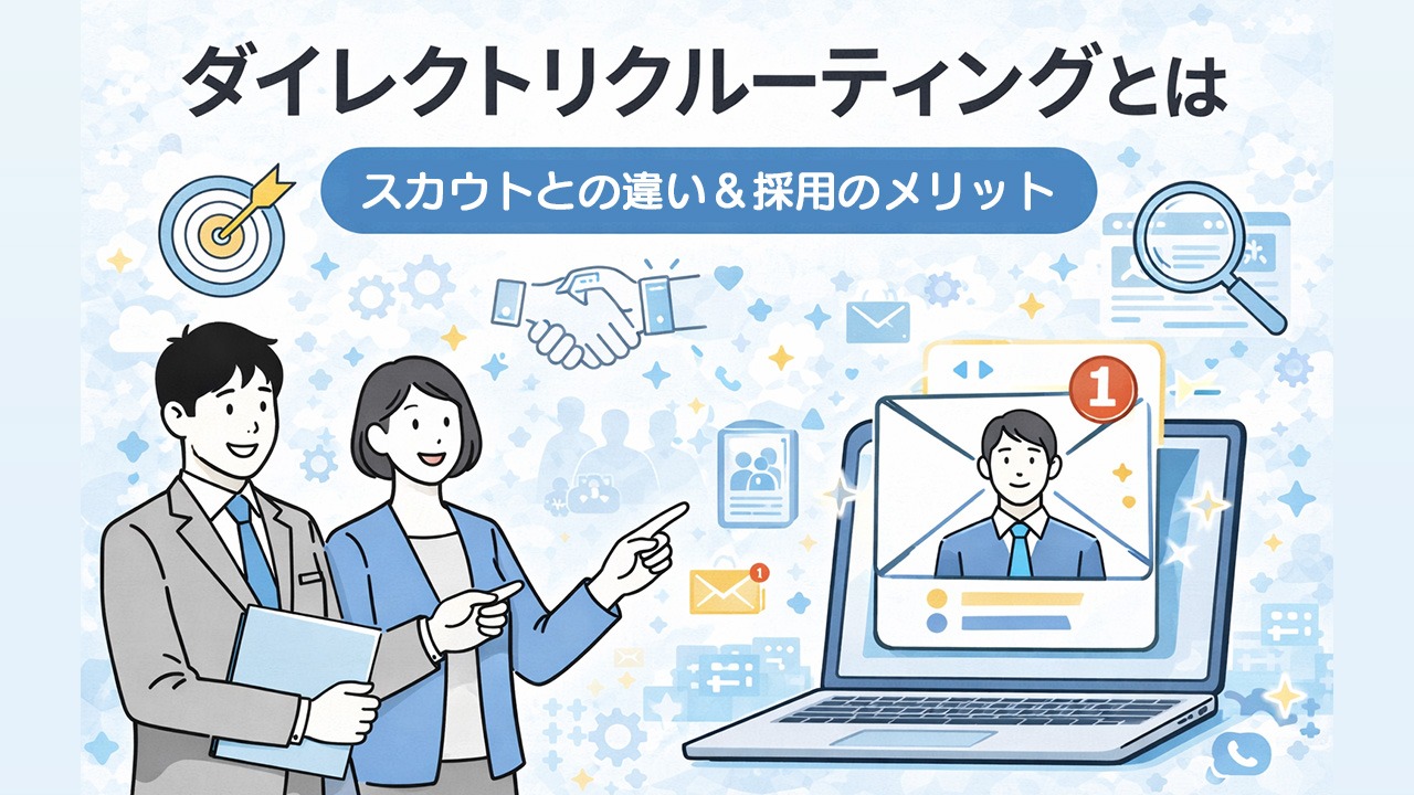 ダイレクトリクルーティングとは何かを解説するアイキャッチ画像。スカウトとの違いや採用のメリットを、日本語タイトルとスカウトメールを象徴するビジュアルで表現したトップ画像