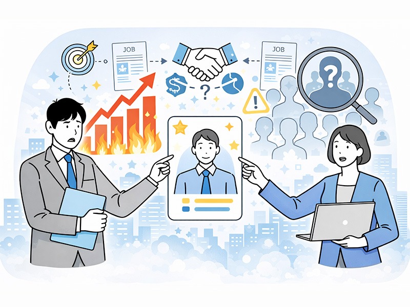 ダイレクトリクルーティングが注目される背景を表したイメージ。採用競争の激化や人材不足といった市場環境の変化により、企業が主体となって候補者へ直接アプローチする採用手法の重要性が高まっていることを示すイラスト