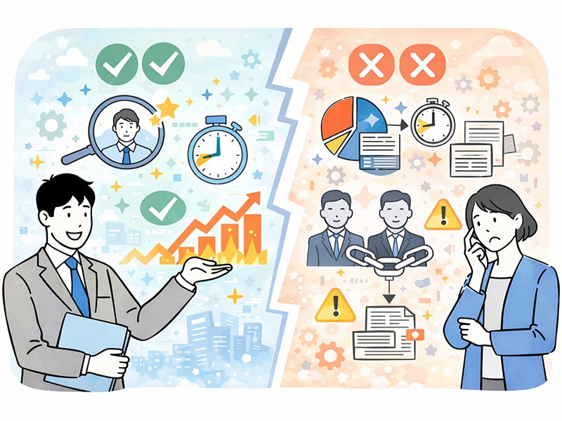 ダイレクトリクルーティングのメリットとデメリットを整理したイメージ。採用効率の向上やマッチ精度の高さと、工数増加や属人化といった課題を比較しながら理解できる構図のイラスト