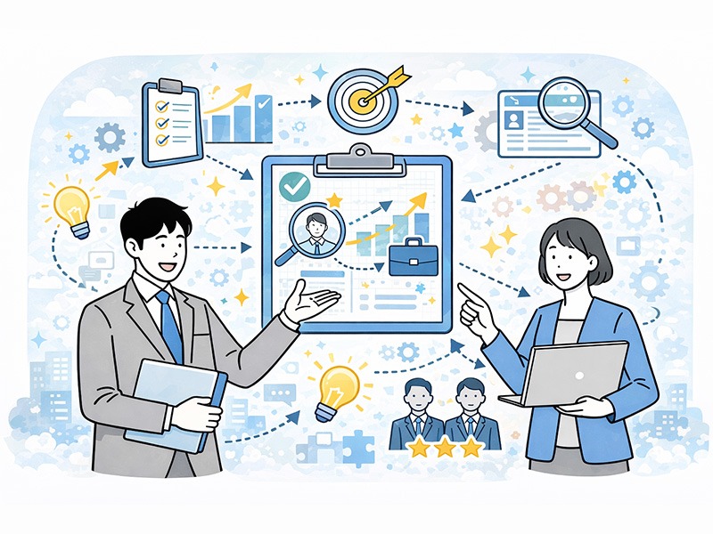 ダイレクトリクルーティングを成功に導く運用ポイントを表したイメージ。スカウト文面の質や媒体選定、採用体制の構築など、成果を左右する重要要素を整理して示すイラスト