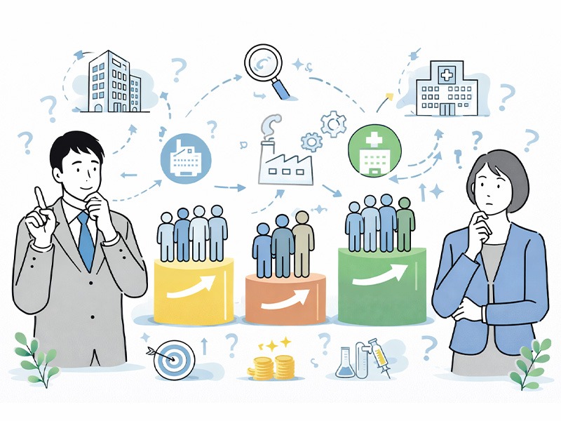 業界・職種別に異なる定着率の傾向を示すイメージ。定着率とは何かを前提に、業界構造や職種特性による違いを人物とアイコンで比較している図