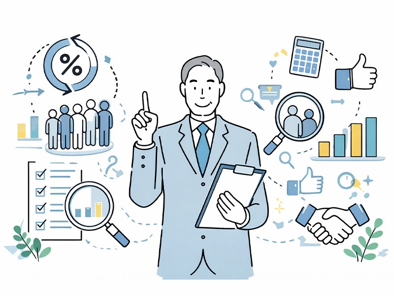 定着率とは何かを解説するイメージ。社員の定着率の定義や計算方法を、人物とアイコンで視覚的に表現した図