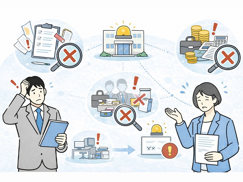 有料職業紹介事業許可の申請で不許可や差し戻しが発生しやすい理由を整理し、事前に確認すべき審査ポイントを示したイラスト