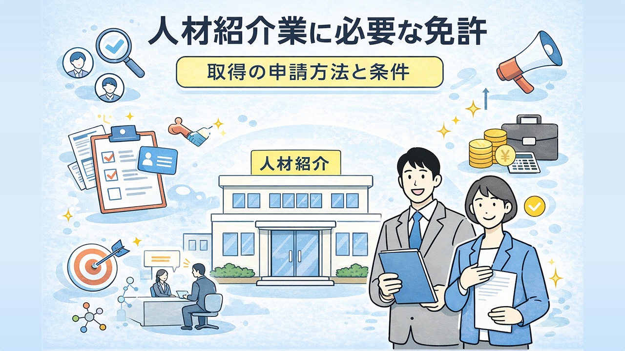 人材紹介業に必要な有料職業紹介事業許可の免許制度と、取得に必要な申請方法や条件をイメージしたイラスト