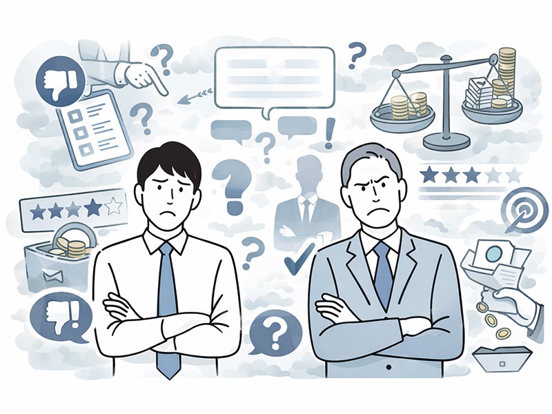 評価に不満を感じる社員のモチベーションの上げ方を表したイラスト。評価基準の曖昧さやフィードバック不足により、やる気が低下している状態を可視化している。